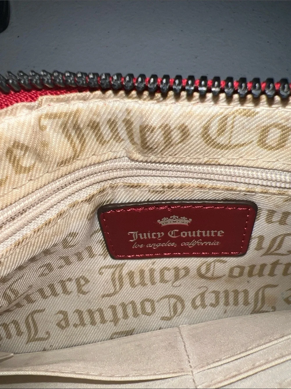 Juicy Couture Red Embossed Satin Wristlet Clutch with Gold Hardware